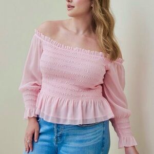 TORRID Chiffon Off Shoulder Boho Blouse Smocked Peplum Long Sleeve Lined Pink